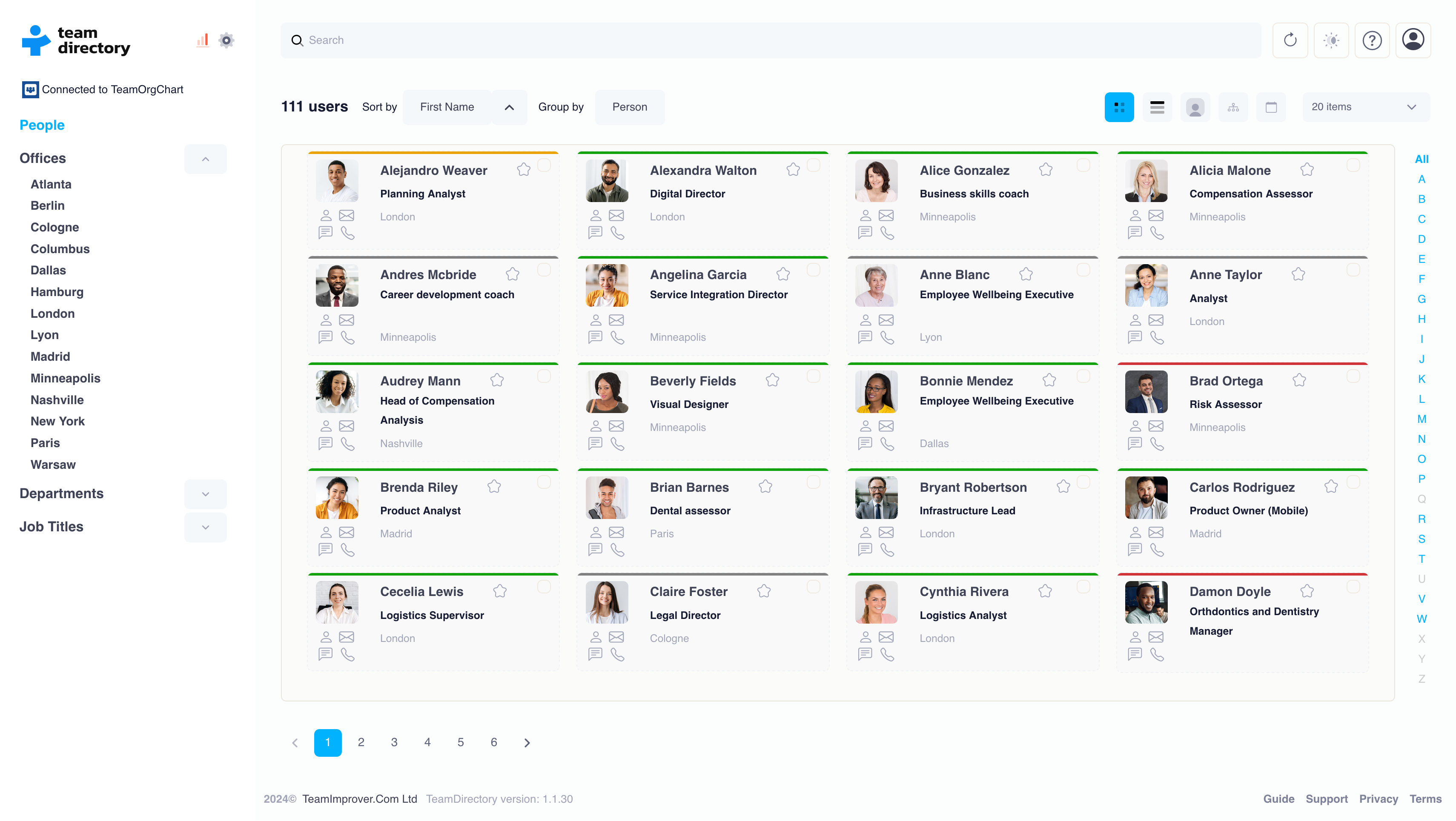 Directory view showing employees grouped by office locations with filters for departments and job titles expanded
