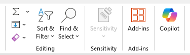 Excel ribbon with Add-ins and Copilot icons visible alongside editing and filtering tools.
