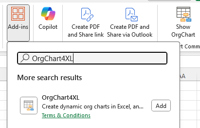 Search panel in Excel showing OrgChart4XL in the Add-ins menu with option to add.
