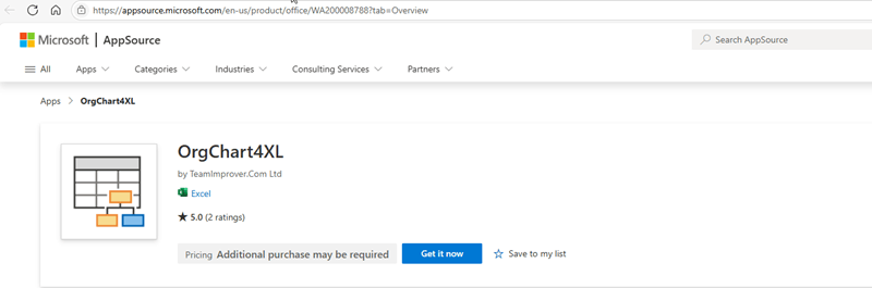 OrgChart4XL add-in listing on Microsoft AppSource showing Excel compatibility and download button.