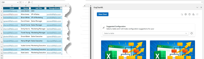 Excel worksheet and OrgChartXL pane side-by-side displaying employee table and chart configuration prompt.