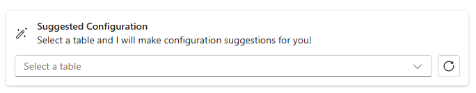 OrgChartXL prompt asking to select a table for configuration suggestions with dropdown and refresh icon.