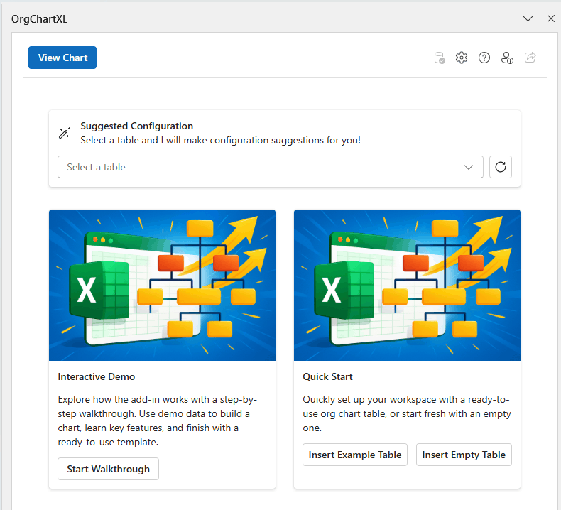 OrgChartXL start screen showing interactive demo and quick start options with Excel-themed graphics.