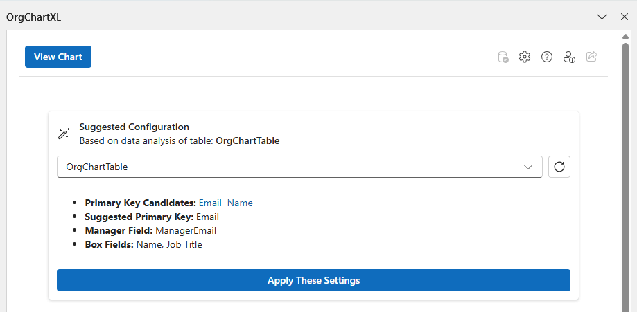 OrgChartXL configuration screen suggesting primary key, manager field, and fields to include in boxes.