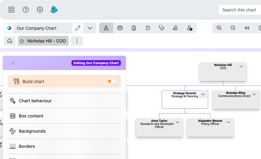 TeamOrgChart showing the former manager as a vacant Strategy Director position with its direct reports preserved beneath it.