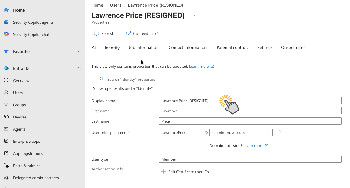 Microsoft Entra admin center user properties with RESIGNED appended to the user's display name.