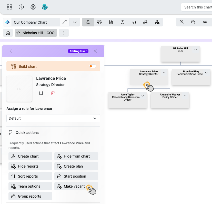 TeamOrgChart editing panel with the Make vacant quick action highlighted for a selected manager.